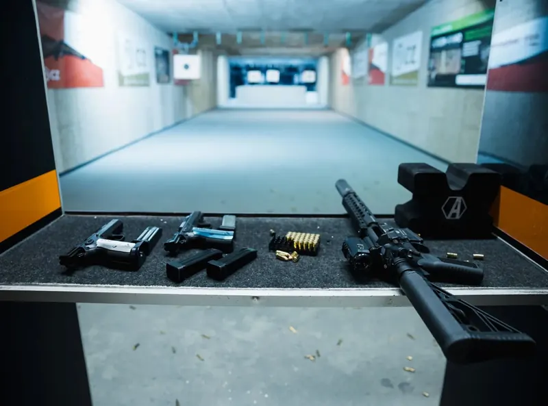 Waffen und Munition auf dem Vorbereitungstisch